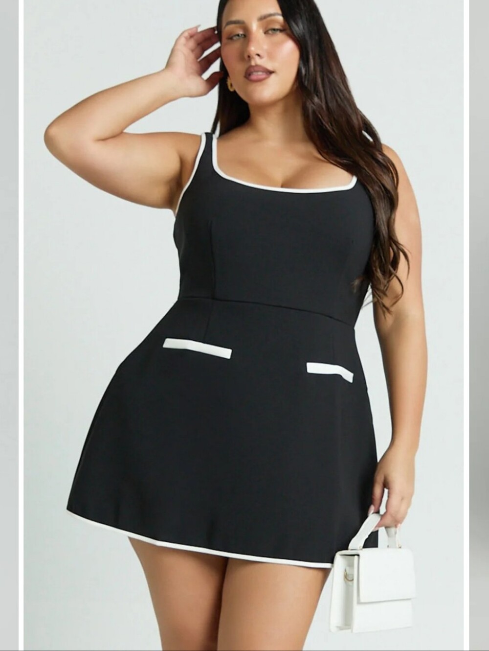 Showpo PAULINE  Black Mini Dress Contrast Squre Neck Fit New